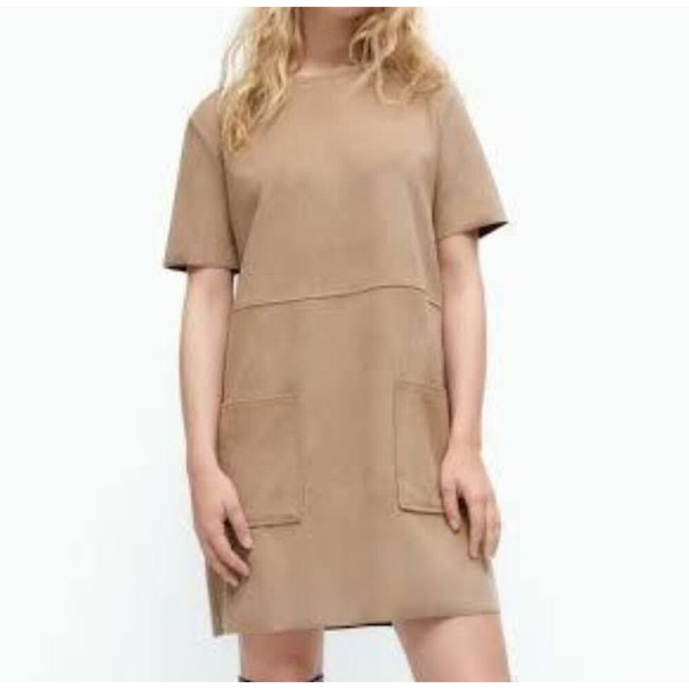 EUC Zara Tan Suede Short Sleeve Mini Dress Sz S Chic Business Preppy Chunky